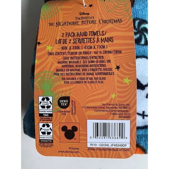 Set Of 2 Disney Nightmare Before Christmas Hand Towels Jack Skellington NEW - Picture 2 of 11
